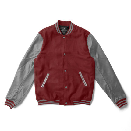 Maroon Varsity Jacket Grey Leather Sleeves - Jack N Hoods