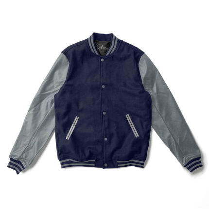 Navy Blue Varsity Jacket Grey Leather Sleeves Grey Stripes - Jack N hoods