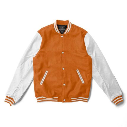Orange Varsity Jacket White Leather Sleeves - Jack N Hoods