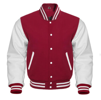 WOMENS MAROON VARSITY JACKET WITH WHITE SLEEVES
