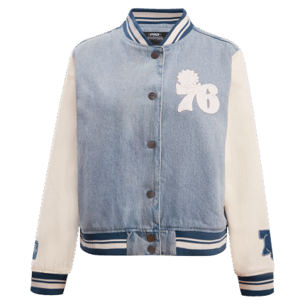 NBA PHILADELPHIA 76ERS VARSITY BLUES WOMEN'S DENIM VARSITY JACKET (DENIM/LINEN)