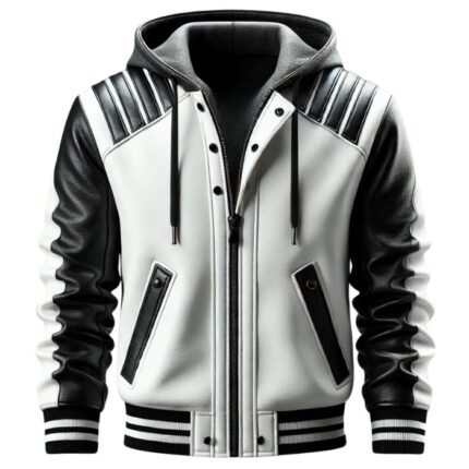 BLACK AND WHITE QUILTED VARSITY LEATHER HOODIE
