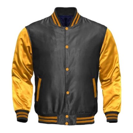DARK GRAY AND GOLD SATIN VARSITY JACKET