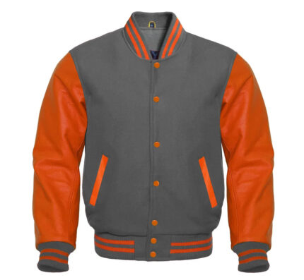 DARK GRAY AND ORANGE VARSITY JACKET