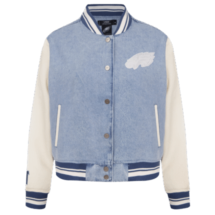 NFL PHILADELPHIA EAGLES VARSITY BLUES WOMEN'S W DENIM VARSITY JACKET (DENIM/LINEN)