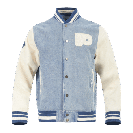 NHL PHILADELPHIA FLYERS VARSITY BLUES MEN'S DENIM VARSITY JACKET (DENIM/LINEN)